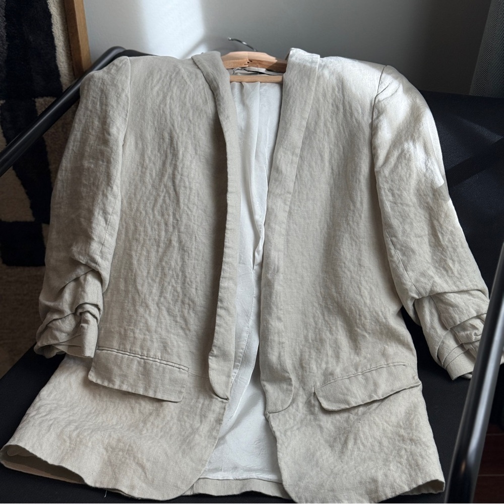 ZARA Linen Blend Mid-Length Blazer, Size M, Beige